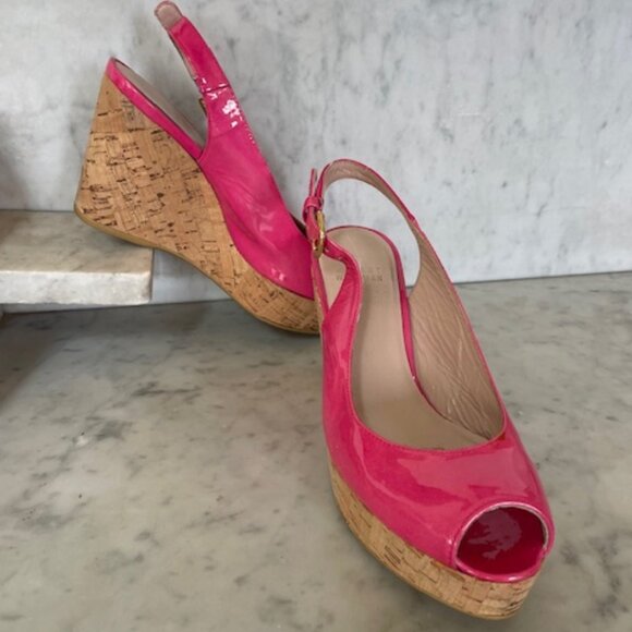 STUART WEITZMAN Jenny Fuchsia Peep Toe Sling Back Cork Wedge 6M